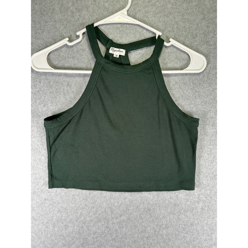 Ugerlov Dark Green Ribbed High Neck Halter Crop Top Racerback Tank Sleeveless M